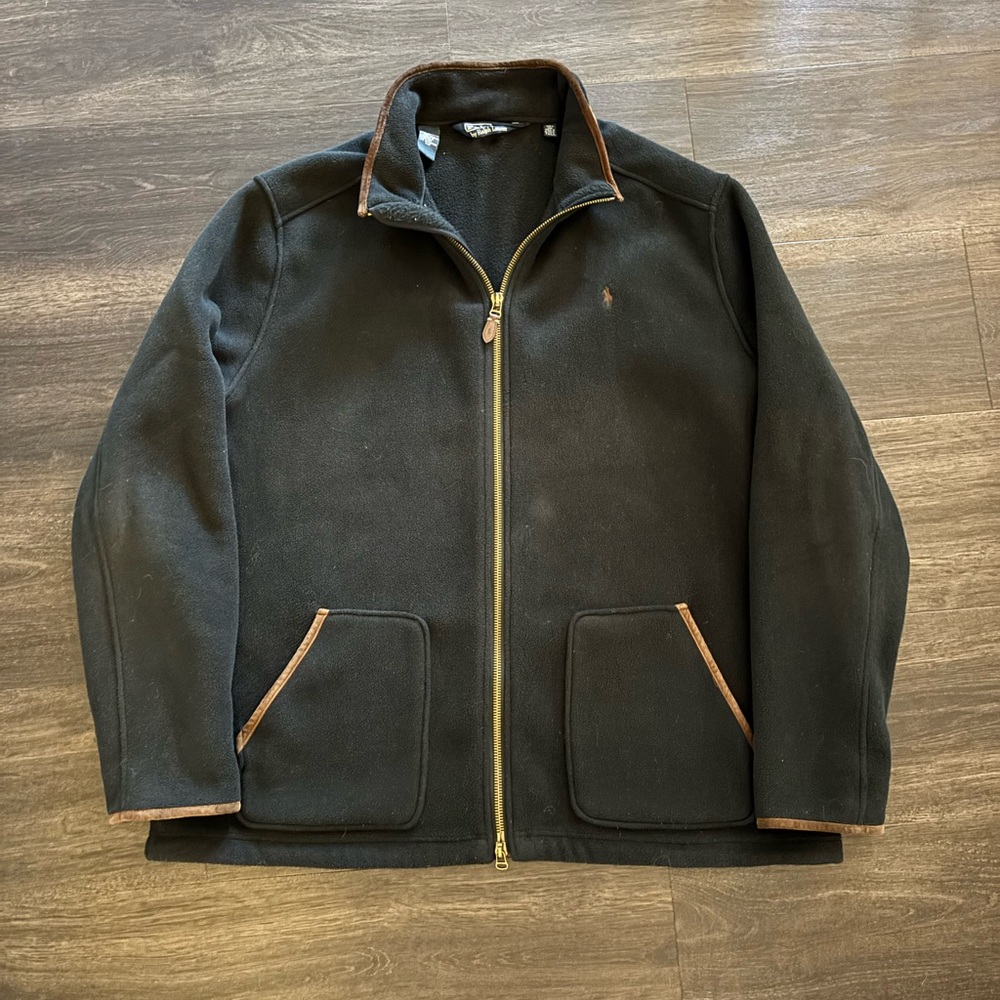 Polo Ralph Lauren Leather Trim Fleece Full Zip Jacket Black Brown Large VTG 2XLT